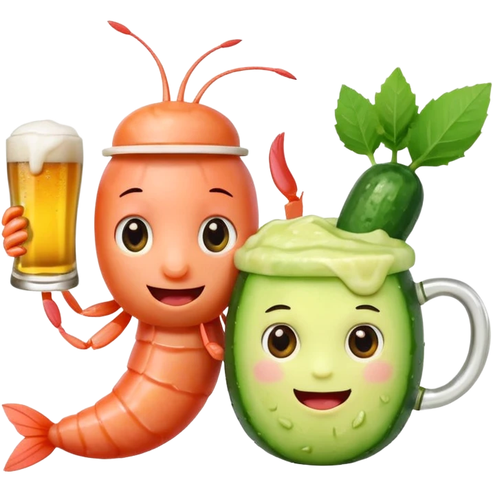 Emoji-style food mascots, NOT human.
Two cute shrimp characters, simple cartoon faces, big round eyes, small smiles.
One shrimp holding a beer mug with foam, the other holding an aguachile bowl with cucumber and chili.
Flat + soft 3D style, clean shapes, no human facial details, no realistic skin.

 emoji