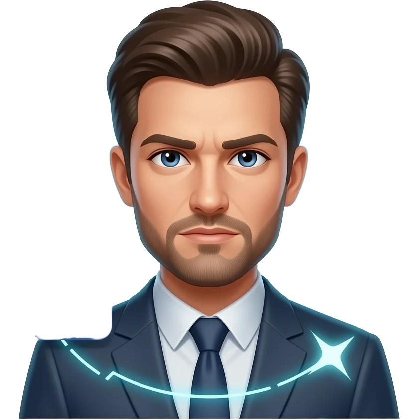 A informal man, glowing digital, chat, peoples, symbols on the around, a floating Facebook logo on the left shoulder, looking at viewer with serious. Text on below: 'What's your topic, lady?'. Shimmering red cross and green check icons, sharp edges emoji