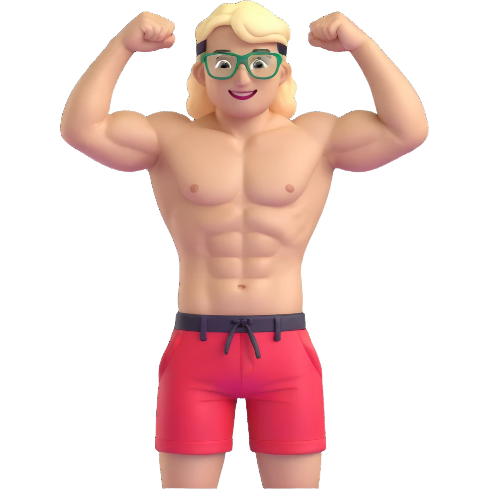 Man with black and white cap, bare torso, red shorts, clear glasses, messy light blond mullet hairstyle, smiling and flexing muscles emoji