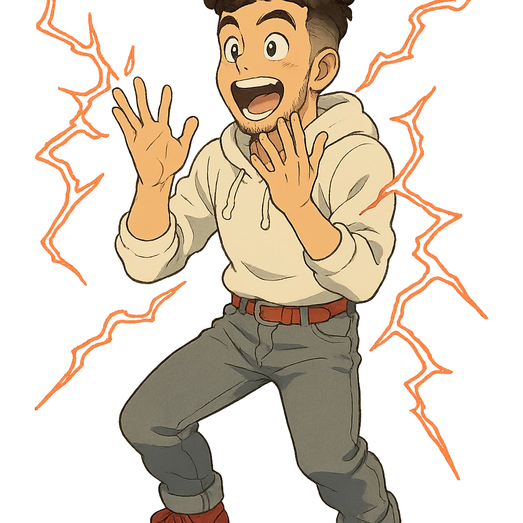 1 male, mid fade haircut dark chestnut brown curly hair, toasted lightskin, white hoodie sleeves up, gray fashion jeans, red fashion-sneakers shoes, red belt, short trimmed beard and goatee,  style of deku from "my hero academia",  doing a "i adore that!" exclaimation pose with red electricity emoji