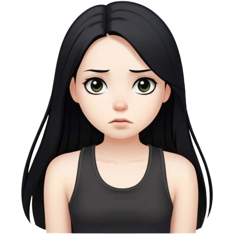 girl with long straight black hair, pale skin, dark eyes, black tank top, bored expression emoji