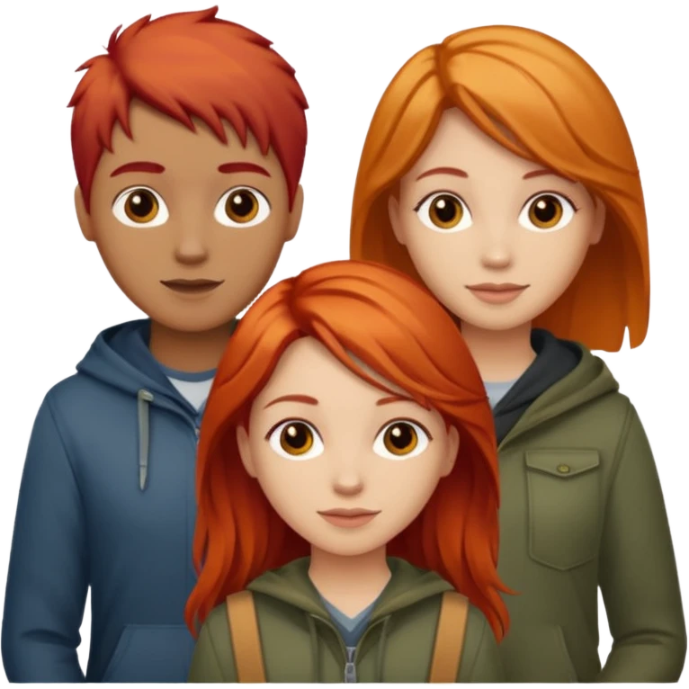 Can you create an image of 3 friends together one with red bright hair light skin one the other with brown hair with some blonde highlights in the hair fair skin the last one with light brown a tint of orange hair emoji