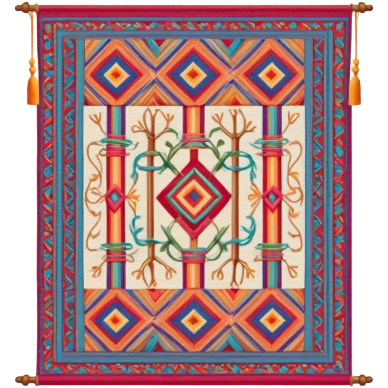 Tapestry icon, woven fabric with intricate patterns, weaving loom, colorful threads, detailed design, minimalistic style, clean lines, transparent background. emoji