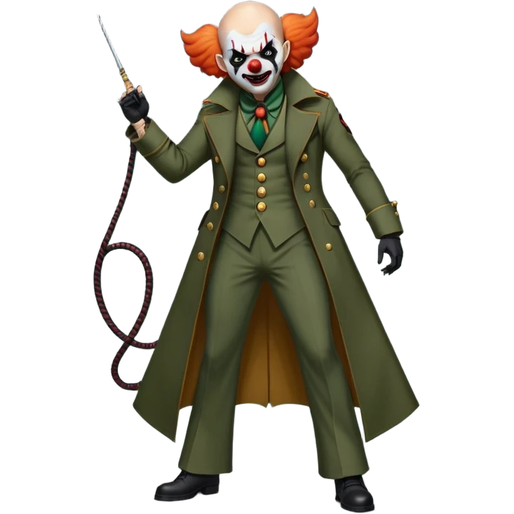 evil clown, bald, small black horns on forehead, fangs, pointed ears, eye patch over one eye, long coat over black and military green leisure suit with bellbottom pants, tail, holding a different style of whip, realistically proportioned, less bulky, full body, battle-ready, fighting posture emoji