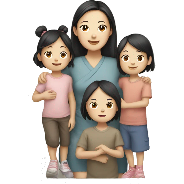 East Asian young woman with four young children emoji