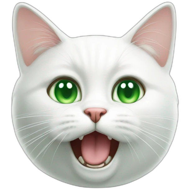 A white cat with green eyes looking confused and meowing emoji