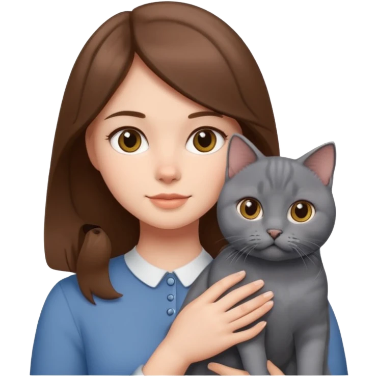Brown Hair girl holding a British shorthair blue cat ￼ emoji