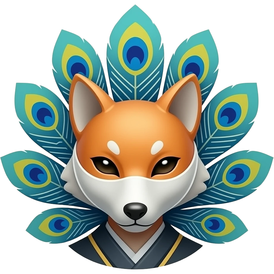 “An emoji of Sudoji, a minimalist kitsune-peacock hybrid symbolizing intelligent IT support and root access, with elegant feather shapes and sleek fox features, subtle ninja-inspired design elements (light face covering and clean lines), integrated circuit-like patterns, refined modern emoji style emoji