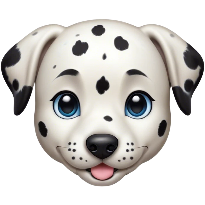 Cinematic Cute Spotted Dalmatian Portrait Emoji, Head tilted playfully and inquisitively, featuring a glossy Fur of predominantly white with dynamic black patches, round, sparkling blue eyes filled with gentle curiosity, Simplified yet irresistibly adorable features, highly detailed, glowing with a warm, friendly glow, high shine, affectionate and gentle, stylized with a touch of whimsy, bright and endearing, soft glowing outline, capturing the essence of a mischievous yet loving pup, so playful it feels like it could lumber out of the screen and into your arms! emoji