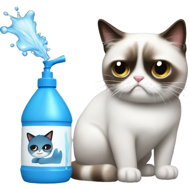 Spray bottle spraying water at a grumpy cat emoji