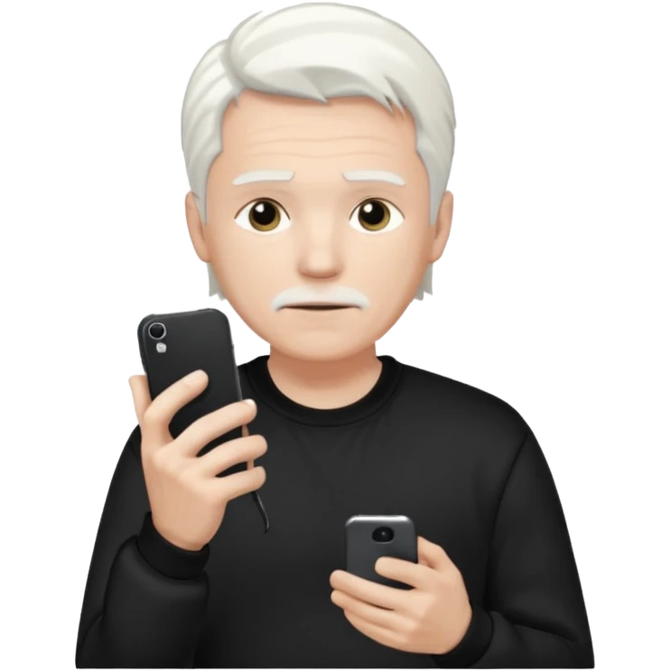 Hombre blanco con cabello blanco ropa negra Adidas y un teléfono en la mano derecha viéndolo emoji