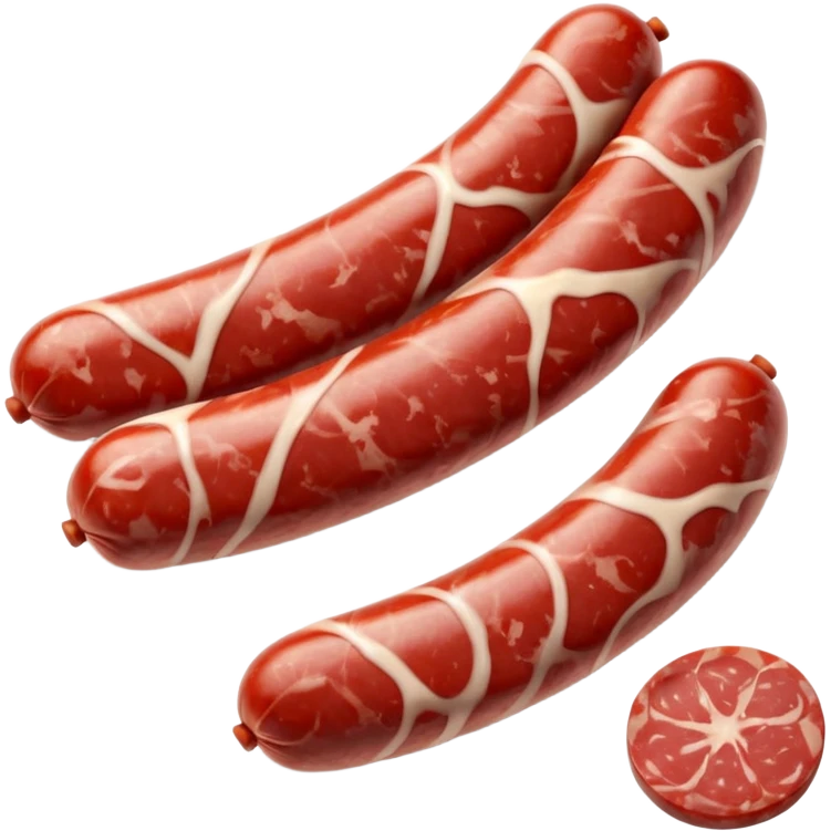 short cured sausage with dusty white casing, sliced at one end to show marbled red meat and fat, a few round slices beside it, no extras, soft lighting, subtle shadows, emoji scale emoji