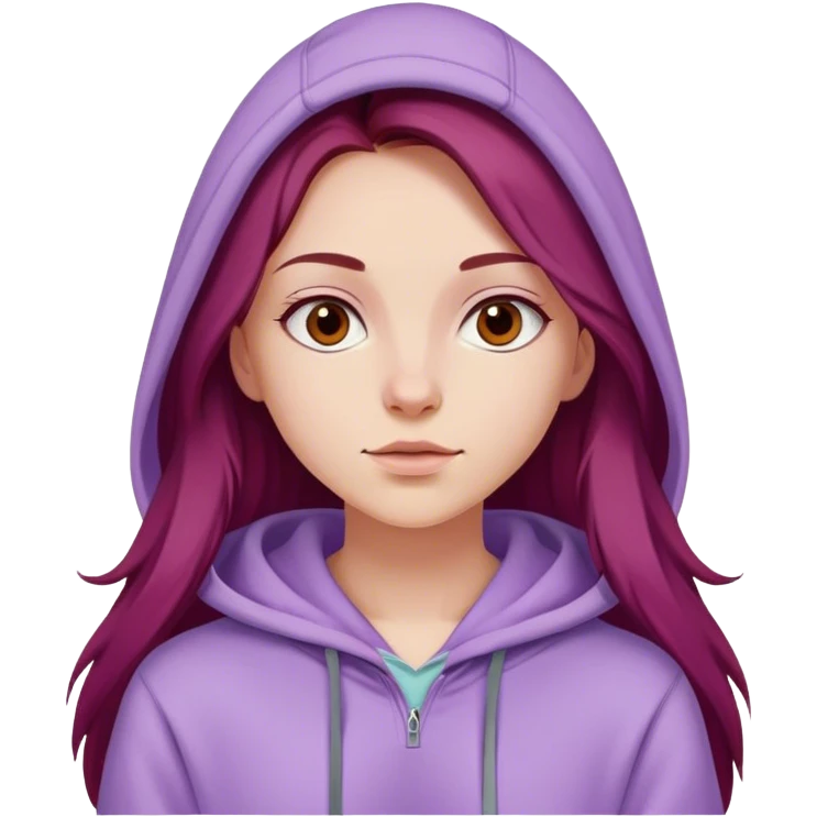 Dark red long hairt fair skinned Girl wearing a lilac colored hoodie  emoji