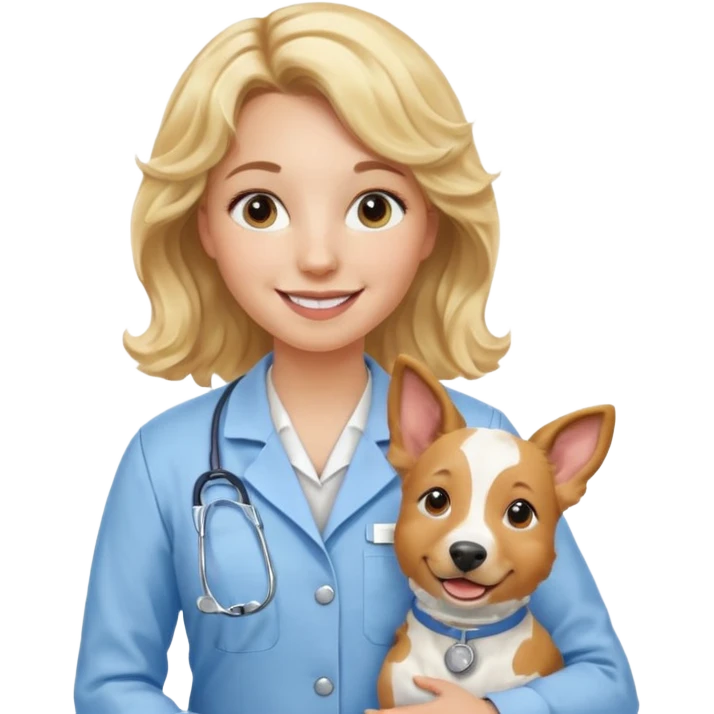Joven mujer, de cabello bajo los hombros rubio con ondas, veterinaria de perros, vacas y caballos, con traje clínico celeste, sin delantal emoji