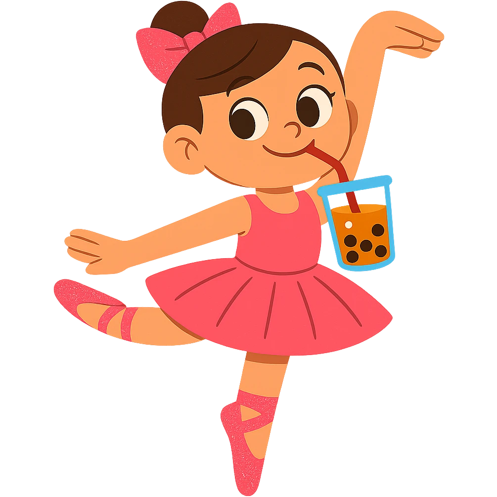 Add pink sparkly pointe shoes to the ballerina, keep the vibrant toon style, with no background. emoji