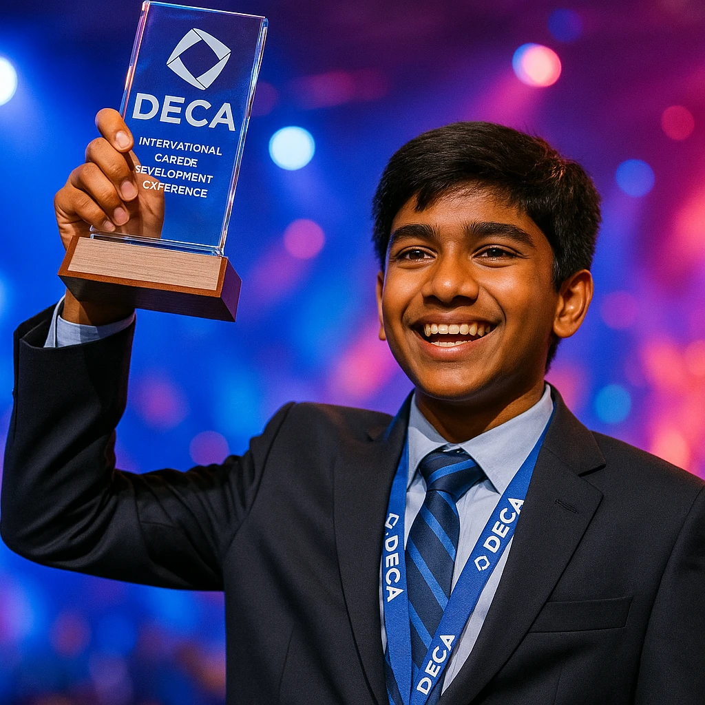 An Indian 14-year-old boy celebrating his victory at the DECA International Career Development Conference, holding up the official DECA glass trophy: a rectangular glass top mounted on a wood base, with no pointed edges. The trophy is highly detailed and accurate, showing the DECA logo and etching. The boy is smiling proudly, wearing a suit and DECA lanyard, in a vibrant, energetic scene. emoji