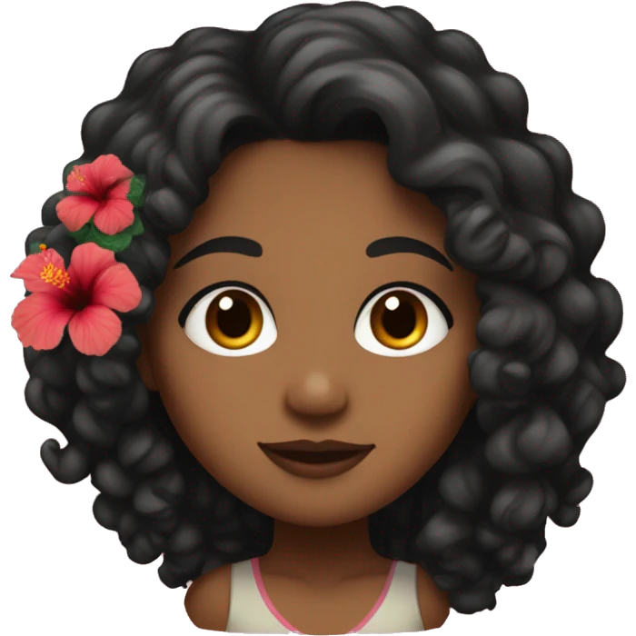 Brown girl with shoulder length thick curly black hair and hibiscus on left side emoji