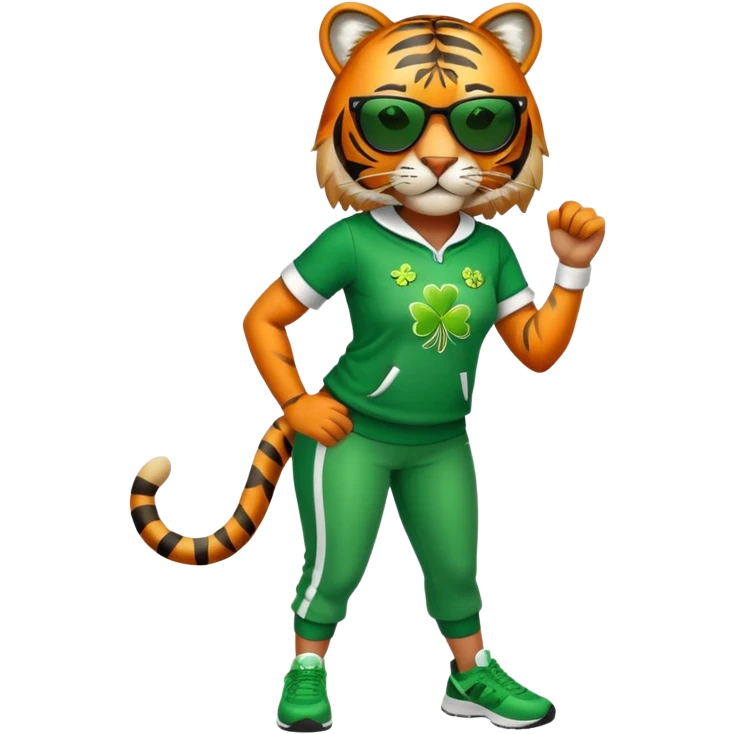 female energetic anthropomorphised tiger in full body, wearing St. Patrick's Day themed sportswear and dark sunglasses emoji