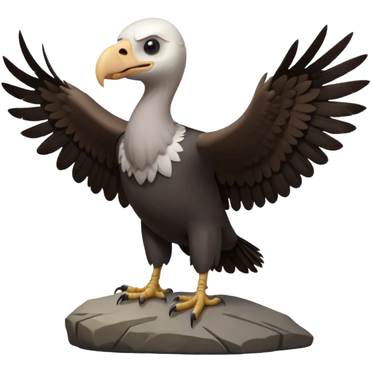 a vulture — large bird with dark brown feathers, bald WHİTE head, curved beak and sharp eyes — standing proudly on a rock — wings slightly open — realistic yet cute cartoon emoji look, clean lighting, soft shadows. emoji
