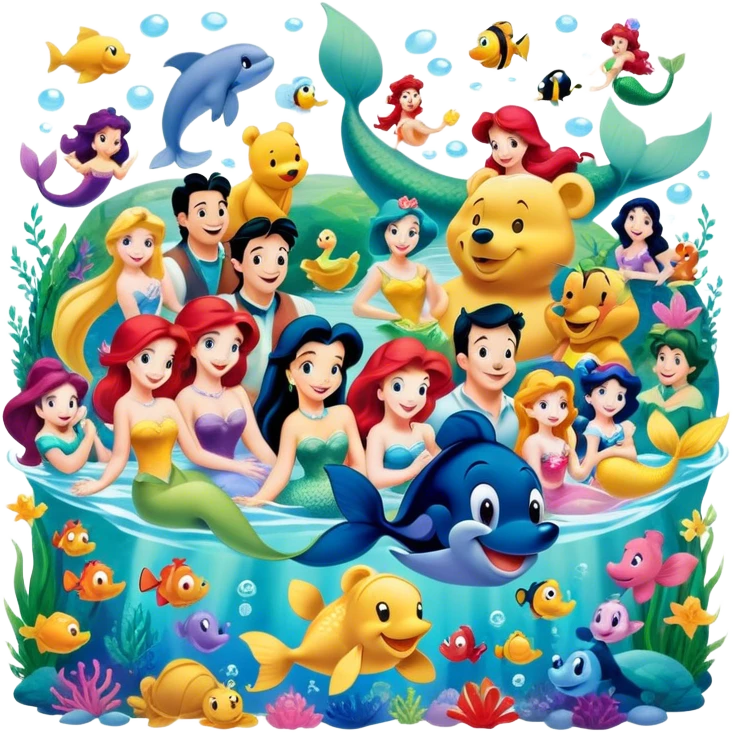 Icon for Animated Characters: A colorful, large-scale collage of beloved cartoon characters, including Franco, Mickey Mouse, Winnie-the-Pooh, Ariel the Little Mermaid, Jasmine and others. Bright and vibrant, full of whimsical charm. Transparent background. emoji