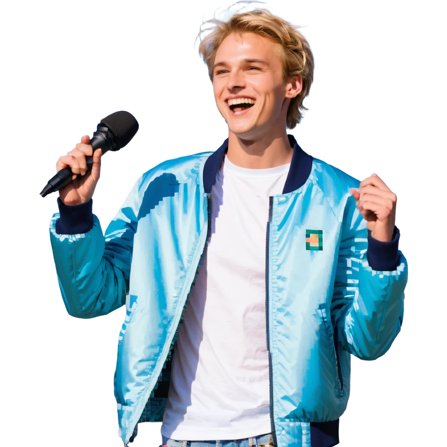 Pixel art style, expressive male performer, Caucasian features, short sandy blonde hair, lively eyes, wide cheerful smile, wearing a sky blue jacket over white tee, tossing a microphone in one hand, waist-up, front-facing emoji