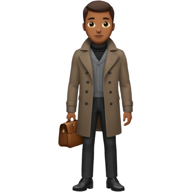 Handsome Black guy with brown skin tone, wearing black slacks, a gray sweater, long brown pea coat, and black shoes emoji