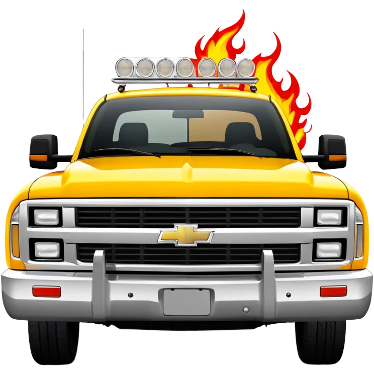 Yellow Chevrolet C-2500 Crew Cab with professional airbrushed red flame artwork on front hood and fenders, authentic Kill Bill truck design, 30-degree view, iOS emoji style emoji