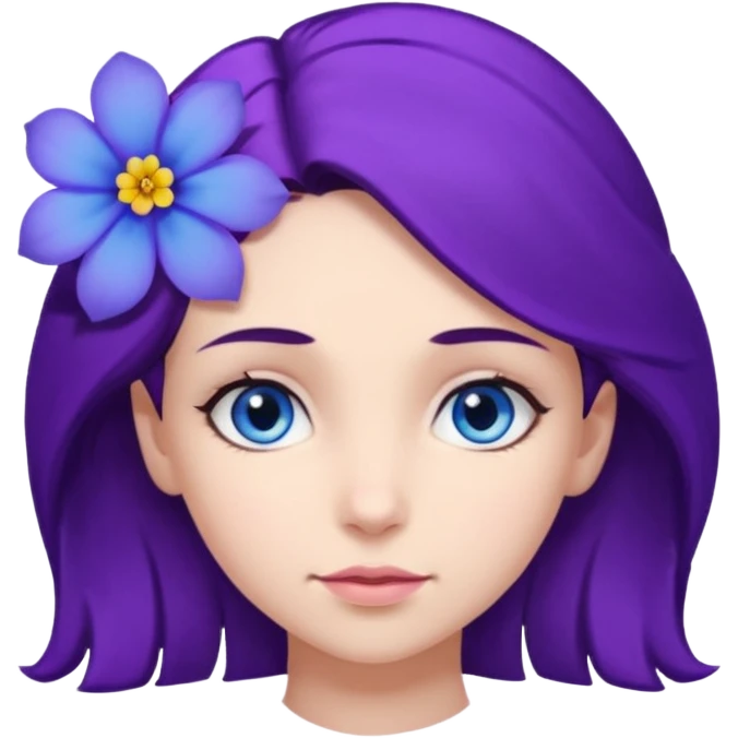 Create a girl of European appearance who looks sideways with dark brown hair, blue eyes and a purple hair flower emoji