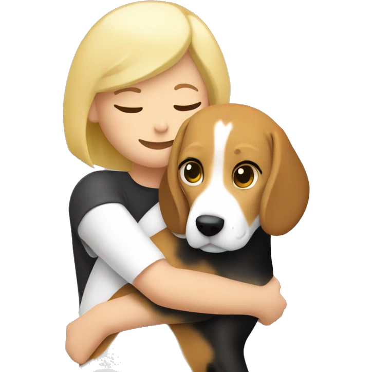 Beagle dog hugging a blonde girl with a bob emoji