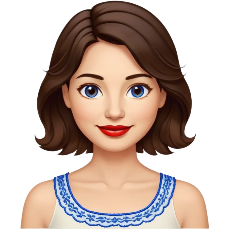 Confident 40-year-old woman with healthy glowing skin, round cheeks, warm smile, expressive light brown eyes, red lipstick, wavy dark brown shoulder-length hair, summery white top with blue embroidery and electric blue neckline emoji