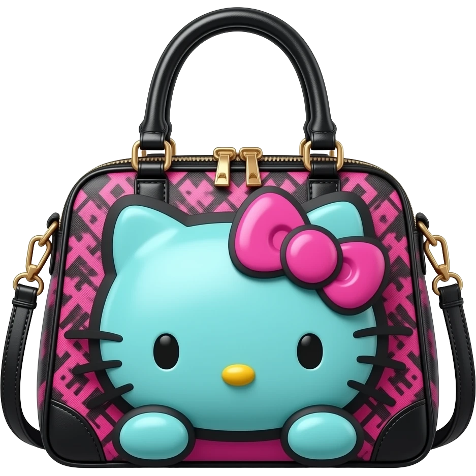 Ultra realistic Luxury dolce and Gabbana, hello kitty themed bag in colors black, hot pink, turquoise  mirco-detailed, 8k. Isolated, 3d rendering, no emoji icons, no emoji faces no human figures, 600 dpi emoji