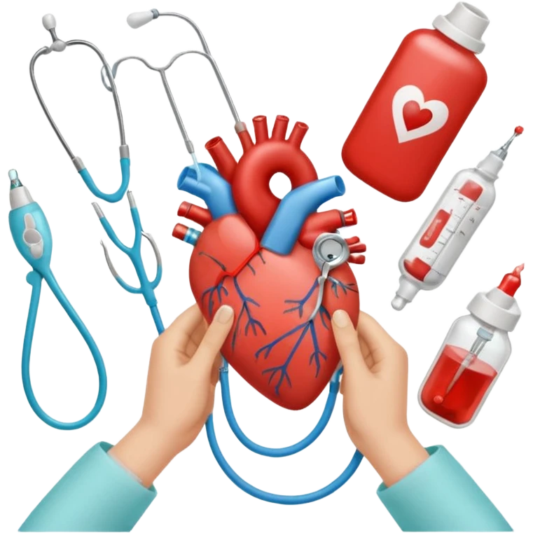 hands making a loveheart with background of stethescope, heel lancet, baby blood tubes, monitoring cables, baby bottle, cute scrapbooking paper,  emoji