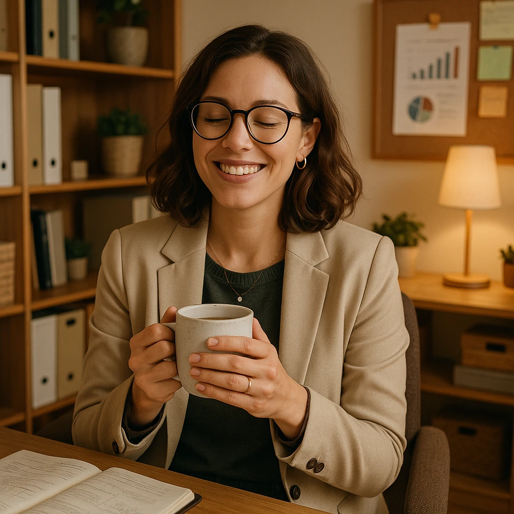 a relaxed and happy female project manager holding a coffee cup in a cozy office setting emoji