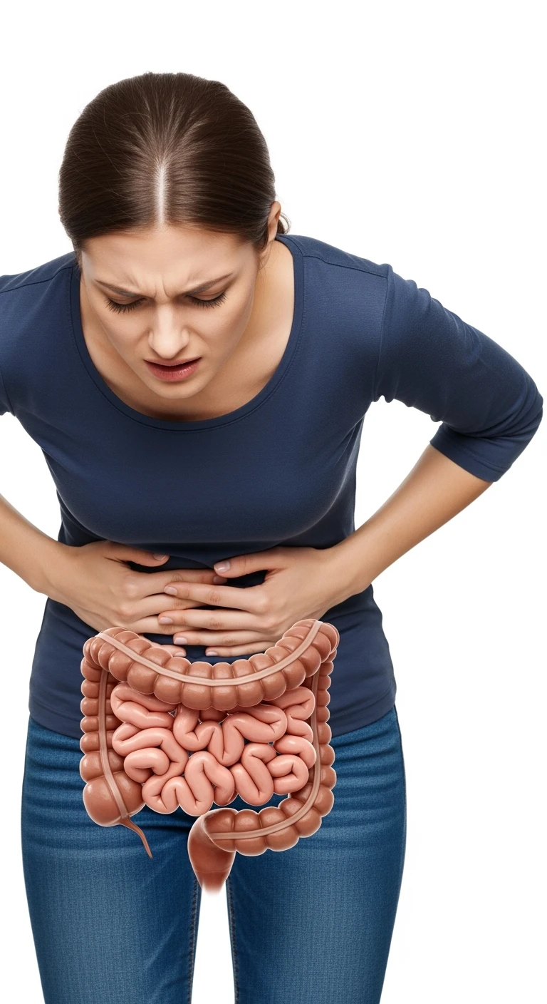 donna piegata in avanti frontalmente con mal di pancia, espressione di dolore in volto in primo piano e intestino anatomico in evidenza, iperrealistico 4k, sfondo bianco emoji