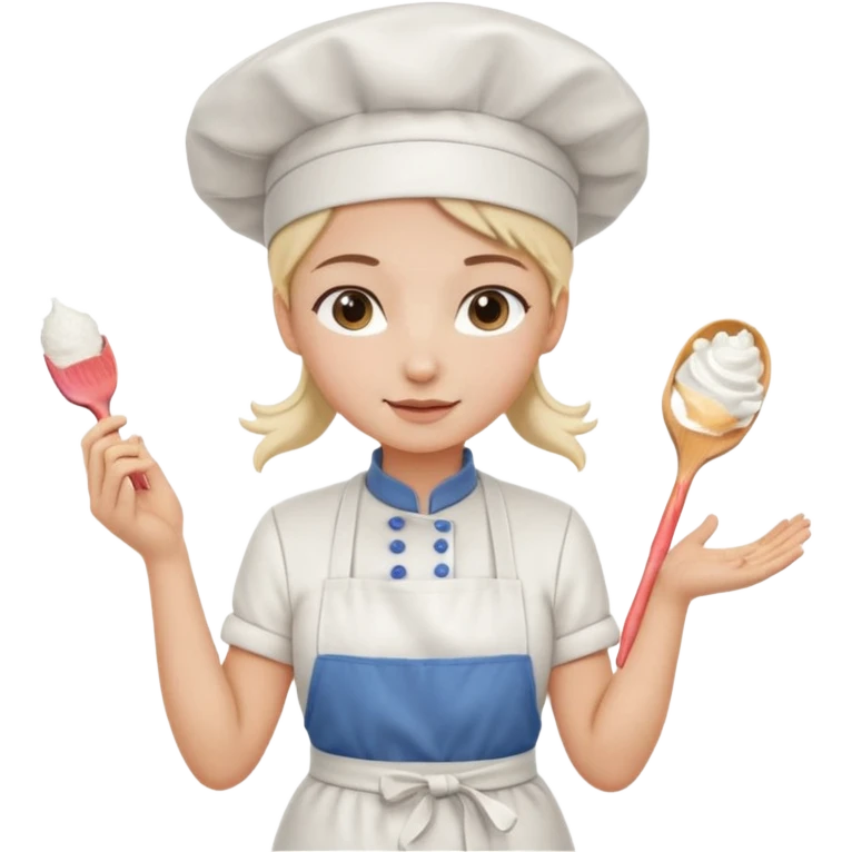 Young female baker - white chef hat, holding cream piping bags in both hands emoji