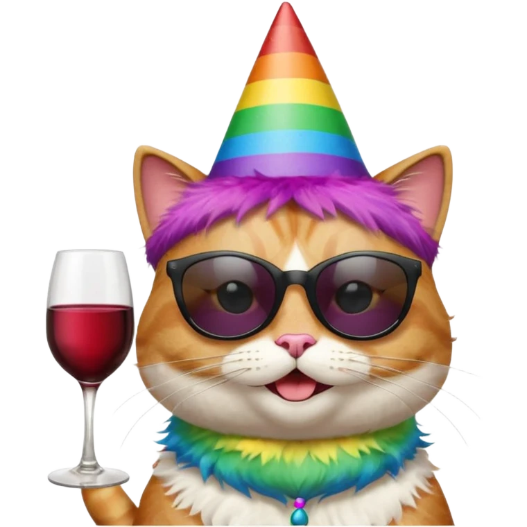 winking happy cat with a giant rainbow party hat, black sunglasses, and a wine glass emoji