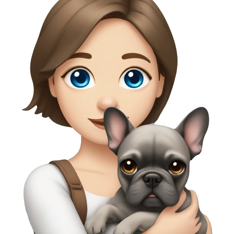 grey french bulldog blue eyes and A girl with brown hair hugging emoji