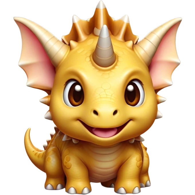 Cinematic Cute Triceratops Portrait Emoji, Head tilted playfully with a gentle smile, featuring a compact, sturdy body with three adorably prominent horns and a charmingly frilled head, Simplified yet irresistibly adorable features, highly detailed, glowing with a warm, inviting earthy glow, high shine, affectionate and lively, stylized with a touch of whimsical dinosaur charm, soft glowing outline, capturing the essence of a mischievous yet endearing Triceratops that seems as if it could trot out of the screen into your arms! emoji