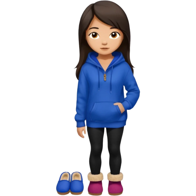 A pretty white/asian tanned girl with medium long strait dark brown almost black hair wearing a royal blue hoodie and black leggings pretty tan with Ugg slippers emoji
