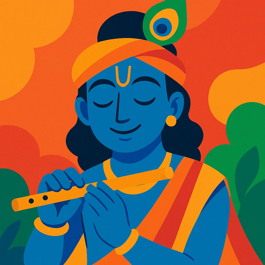 Krishna, the Hindu deity, with blue skin, peacock feather crown, gentle smile, in vibrant toon style, colorful and lively emoji