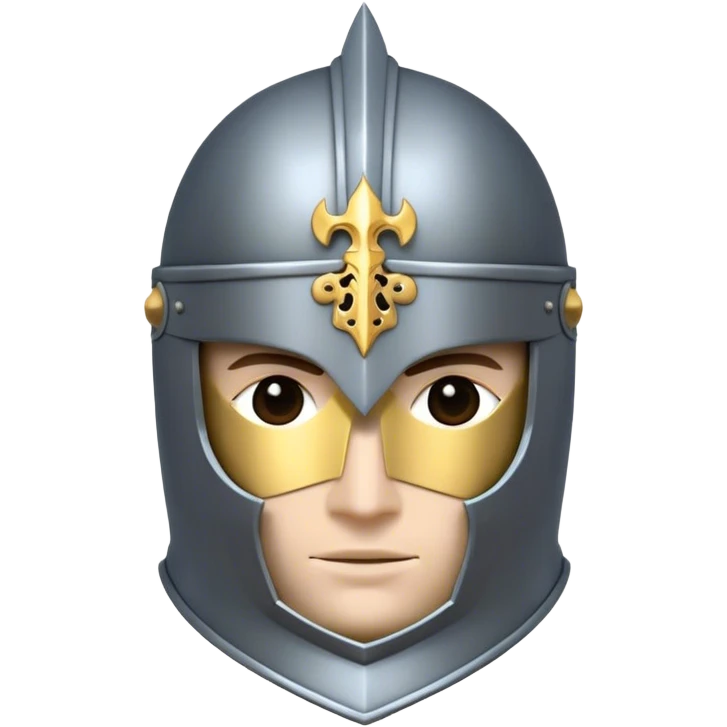 Clash of Clans aesthetic: Cinematic heroic Armored Knight Hero close up Emoji, rendered in a 3D vector-style similar to standard emojis with minimal shading and bold, simplified shapes. A compact, isometric warrior clad in gleaming plate armor with intricate heraldic details, softly glowing with a chivalrous medieval charm. Simplified yet unmistakably iconic, highly detailed and consistent, glowing with a soft radiant shine and high polish. Stylized with a touch of noble valor and a soft glowing outline, wearing a full face helm so that no face is visible with only eyes visible, capturing the essence of a gallant knight ready for honorable battle with a friendly, playful manner! emoji