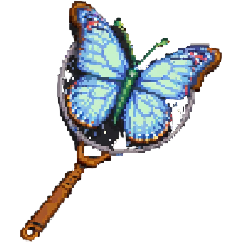 A colorful butterfly net with a wooden handle, badge style emoji