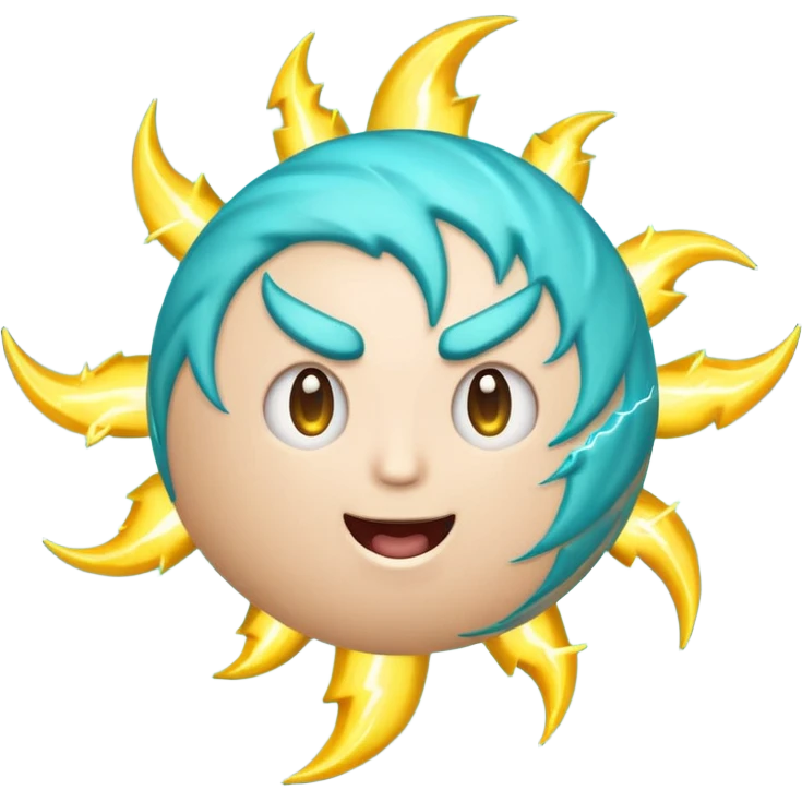 Uranus emoji in Apple-style, blue-green planet with swirling rings, a big playful and excited face, and one large yellow lightning bolt in front, bursting with electric, chaotic energy. emoji
