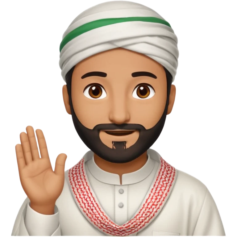 detailed iPhone-style emoji of a Saudi man in white thobe, red-and-white shemagh with black agal, short beard, brown eyes, smiling, both hands visible emoji