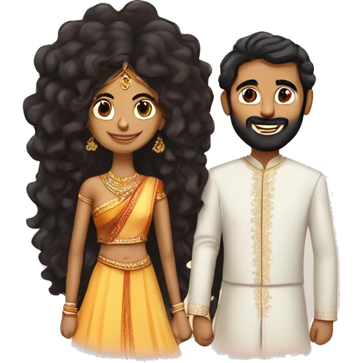 indian girl with curly hair marrying indian guy with straight hair and beard with an interesting background emoji