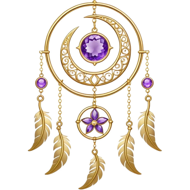 Epic beautiful gorgeous cute gold suncatcher, threads with shiny sparkly amethyst gemstones, flowers, crescents-moons, stars, gold Feathers  emoji