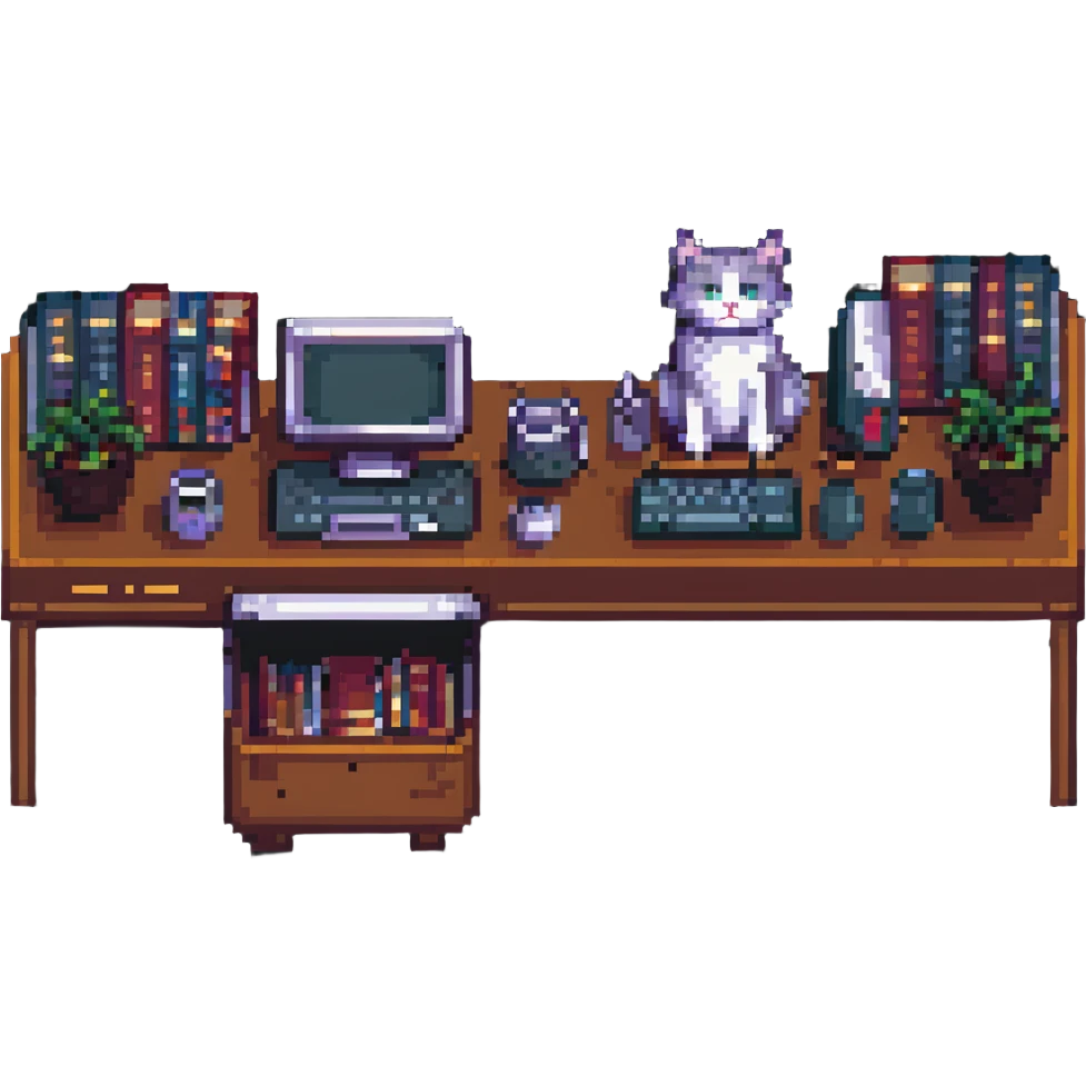 a desk with a cat, books, and computers in pixel art style, cozy atmosphere emoji