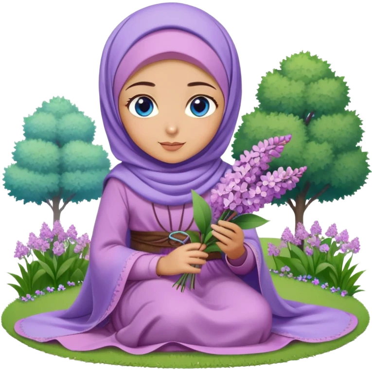 Turkish beautiful finish Konya girl blue eyes with lilac flower hijab long tail dress and sits on the grass on the ground and hold lilac flower on hand  emoji
