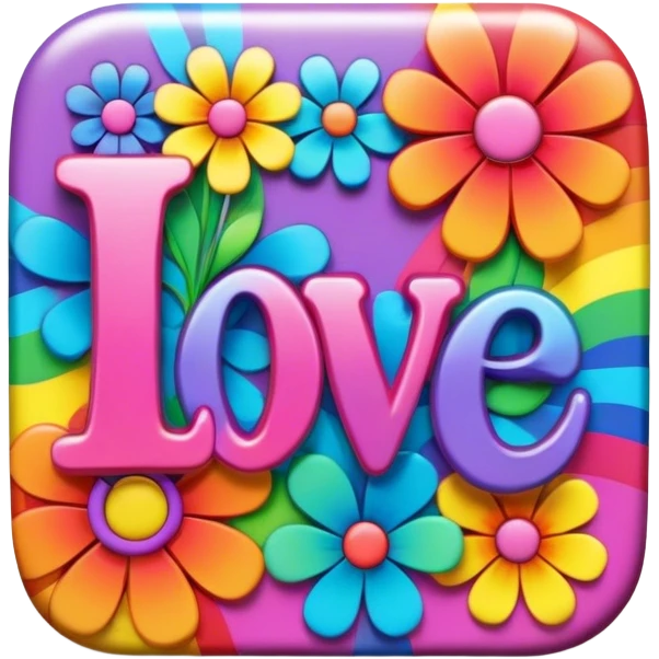 Beveled square shaped psychedelic colored button with rainbow colored hippie style 3D flowers and the word love in the center emoji