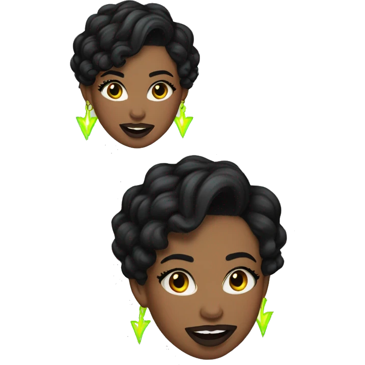 woman with short, wavy black hair, dark brown eyes and long eyelashes, wearing neon lightning bolt earrings with a tongue piercing and a black top emoji